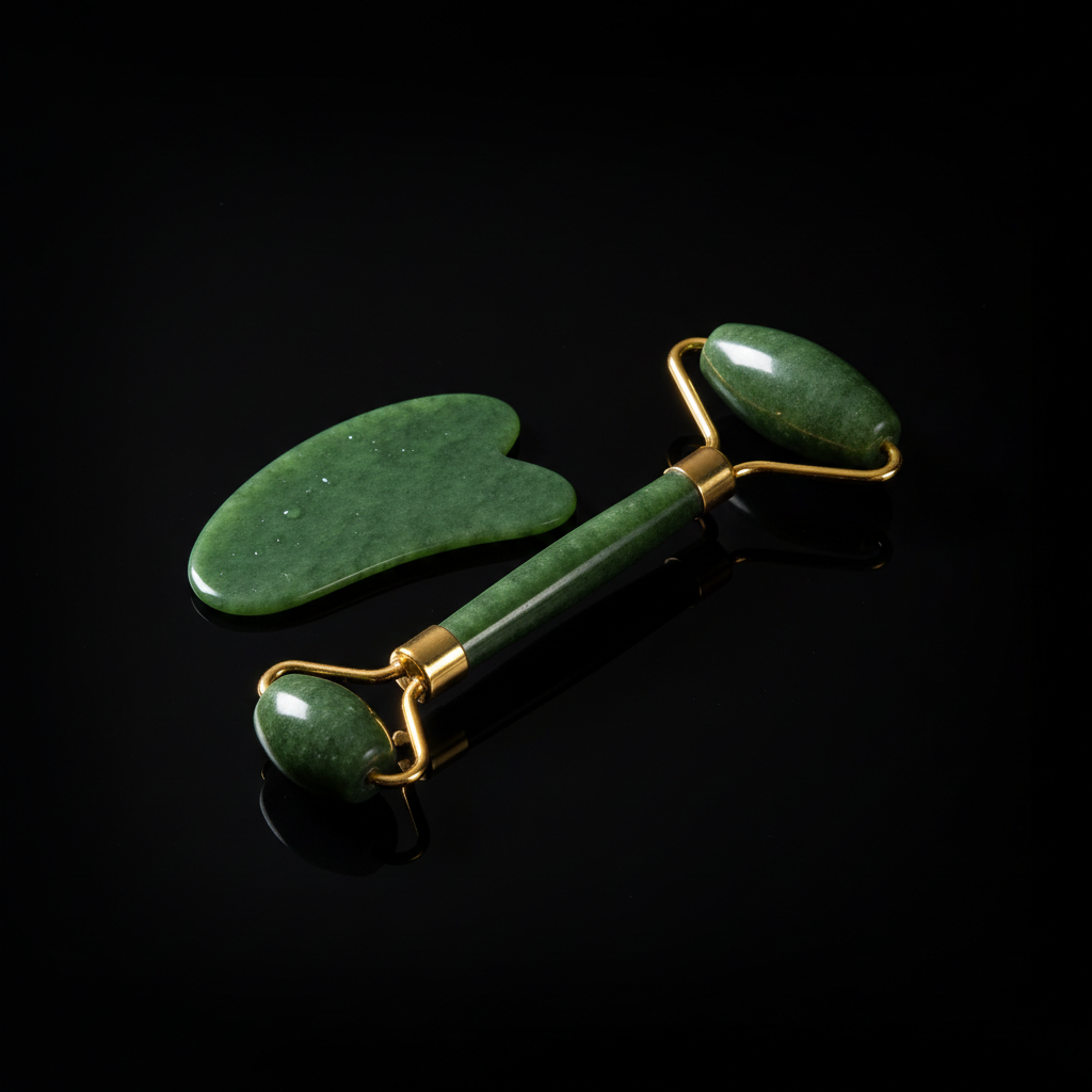 Jade Roller y Gua Sha sobre fondo negro
